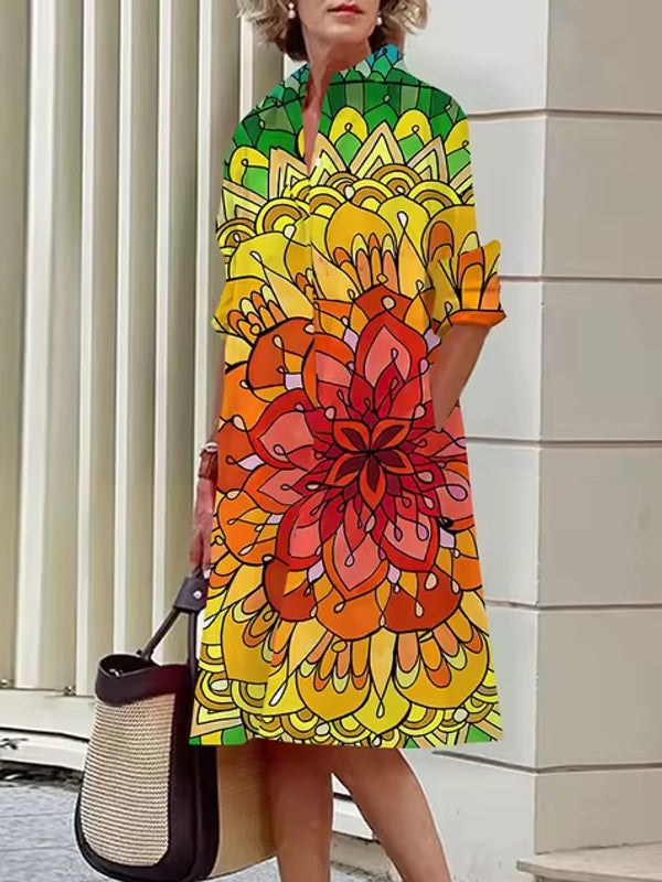 Abstract Print Women's Shirt Dresses Yellow Midi Dresses - Tophatter Daily Deals