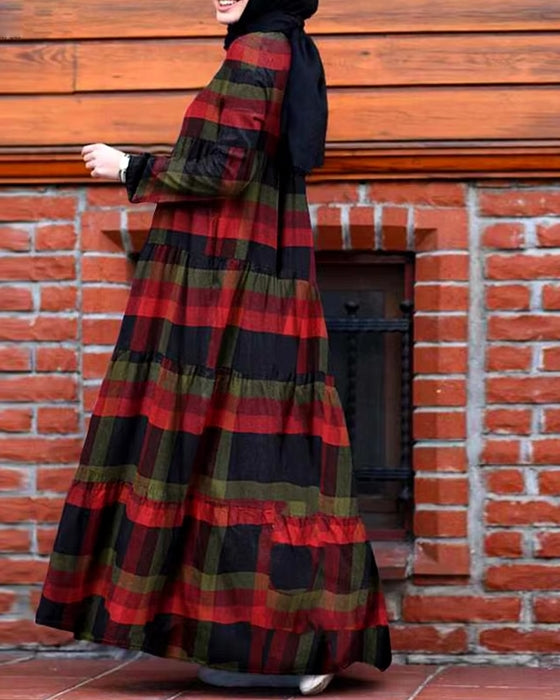 Kaftan Tunic Plaid Print Back Zipper Long Sleeve Maxi Layered Women Maxi Dress Maxi Dresses - Tophatter Daily Deals