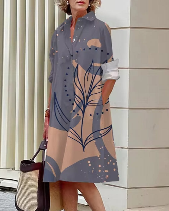 Floral Shirt Lapel Collar Midi Dress Beige Midi Dresses - Tophatter Daily Deals