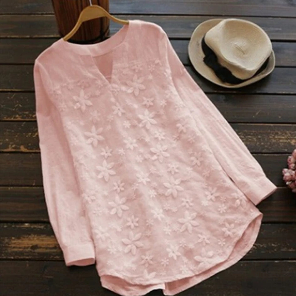 White Women Lace Long Sleeve Tops V Neck Embroidery Fashion Loose Elegant Shirt BLOUSES & SHIRTS - Tophatter Daily Deals