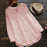 White Women Lace Long Sleeve Tops V Neck Embroidery Fashion Loose Elegant Shirt BLOUSES & SHIRTS - Tophatter Daily Deals
