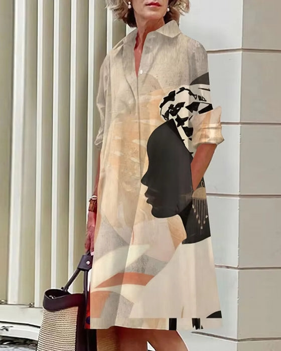 Abstract Print Women's Shirt Dresses Beige Midi Dresses - Tophatter Daily Deals
