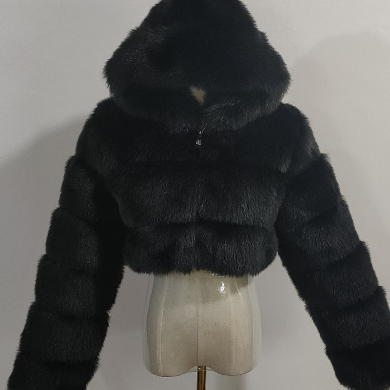 Women Fluffy Top Coat Hooded Straight Short Black Jacket - Tophatter Daily Deals
