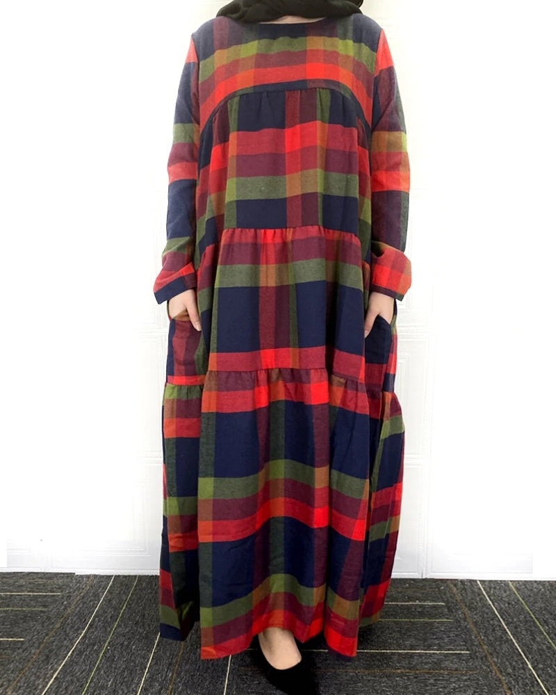 Kaftan Tunic Plaid Print Back Zipper Long Sleeve Maxi Layered Women Maxi Dress Maxi Dresses - Tophatter Daily Deals