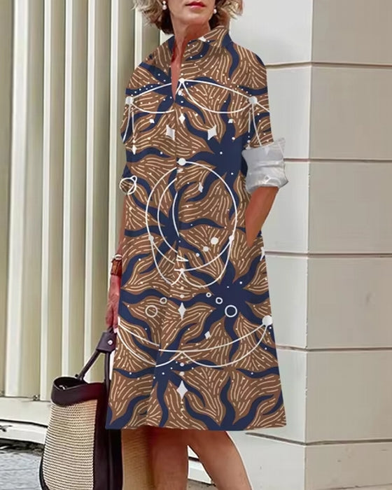 Floral Shirt Lapel Collar Midi Dress Camel Midi Dresses - Tophatter Daily Deals