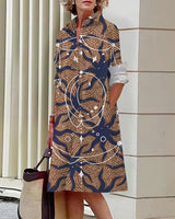 Floral Shirt Lapel Collar Midi Dress Camel Midi Dresses - Tophatter Daily Deals