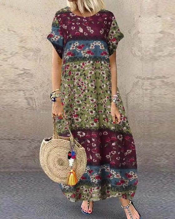 Bohemian Print Short Sleeve Summer Plus Size Dress Green Maxi Dresses - Tophatter Daily Deals