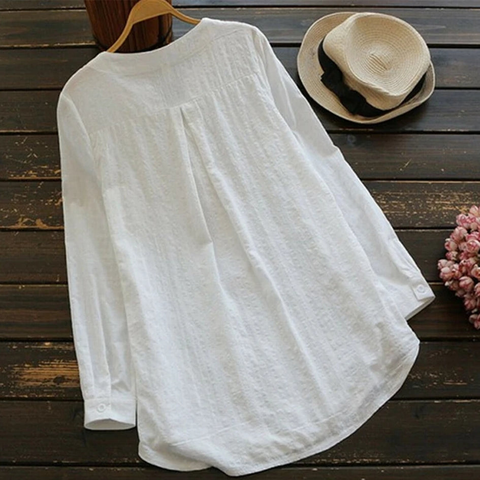 White Women Lace Long Sleeve Tops V Neck Embroidery Fashion Loose Elegant Shirt BLOUSES & SHIRTS - Tophatter Daily Deals