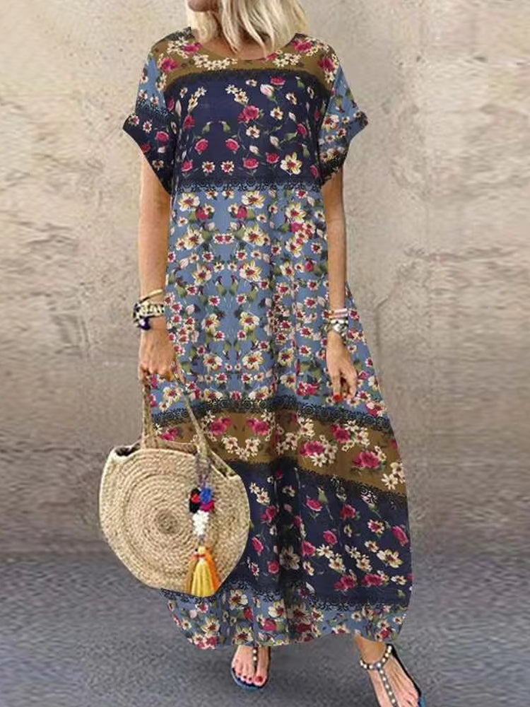 Bohemian Print Short Sleeve Summer Plus Size Dress Light BLue Maxi Dresses - Tophatter Daily Deals