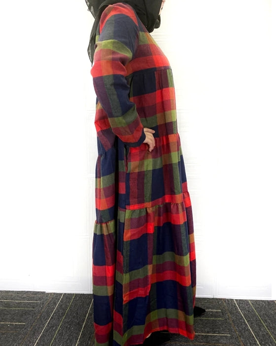 Kaftan Tunic Plaid Print Back Zipper Long Sleeve Maxi Layered Women Maxi Dress Maxi Dresses - Tophatter Daily Deals