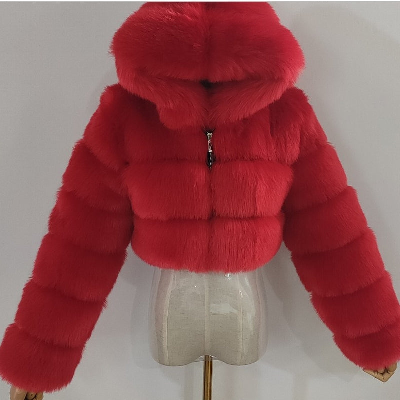 Women Fluffy Top Coat Hooded Straight Short Red Jacket - Tophatter Daily Deals