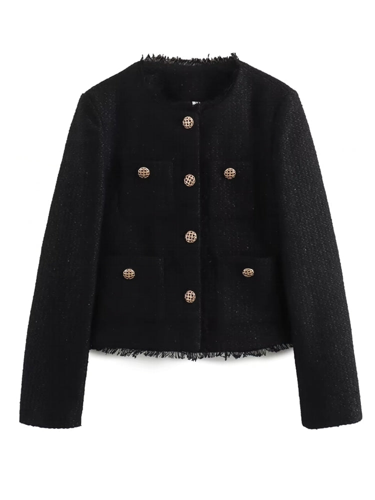 Fashion O-neck Pocket Tweed Short Coats Black Work Wear Blazers - Tophatter Daily Deals