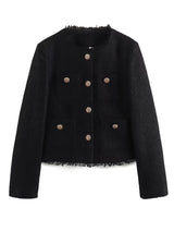 Fashion O-neck Pocket Tweed Short Coats Black Work Wear Blazers - Tophatter Daily Deals
