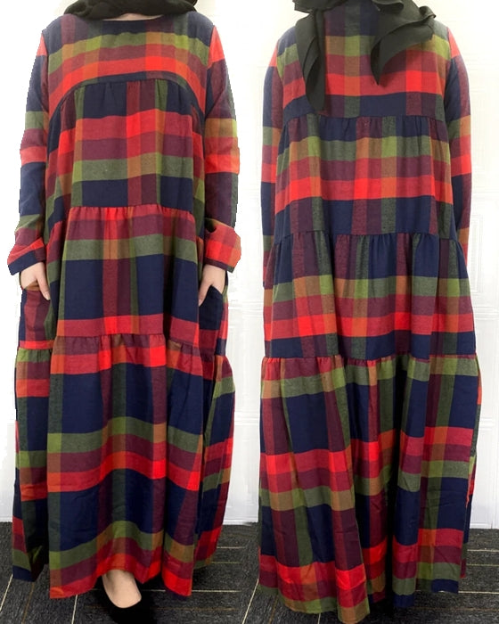 Kaftan Tunic Plaid Print Back Zipper Long Sleeve Maxi Layered Women Maxi Dress Maxi Dresses - Tophatter Daily Deals
