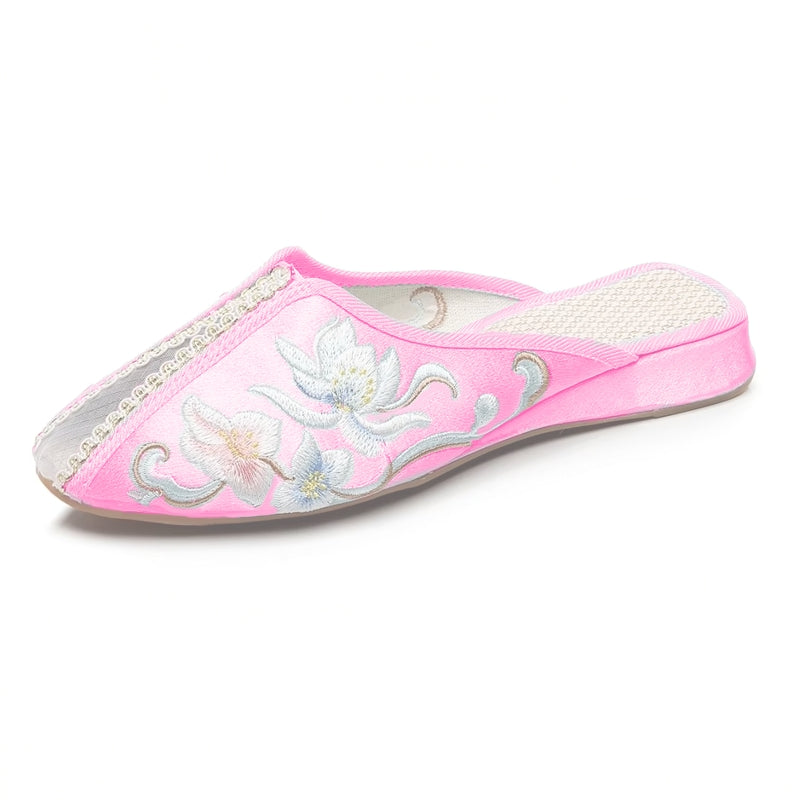 Elegant Women Satin Embroidered Flat Mules Slippers Slippers - Tophatter Daily Deals
