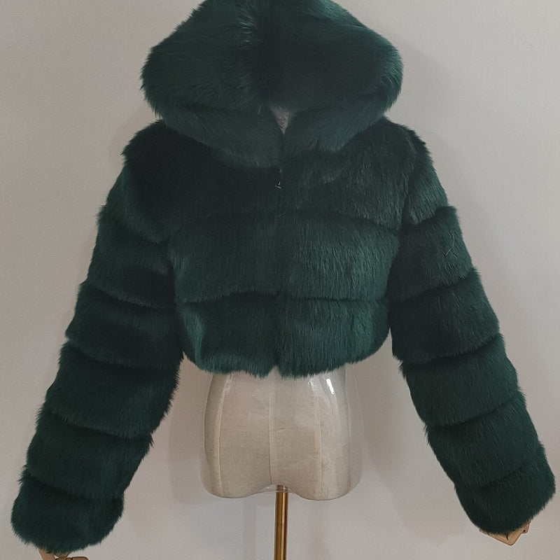 Women Fluffy Top Coat Hooded Straight Short Green Jacket - Tophatter Daily Deals