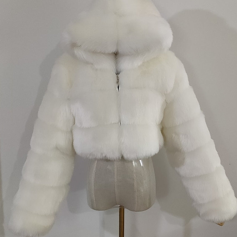 Women Fluffy Top Coat Hooded Straight Short White Jacket - Tophatter Daily Deals