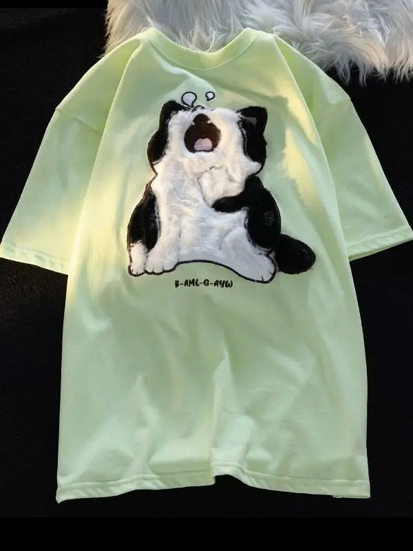 Cotton Baby Cat Couple Loose T-shirt Green Blouses - Tophatter Daily Deals