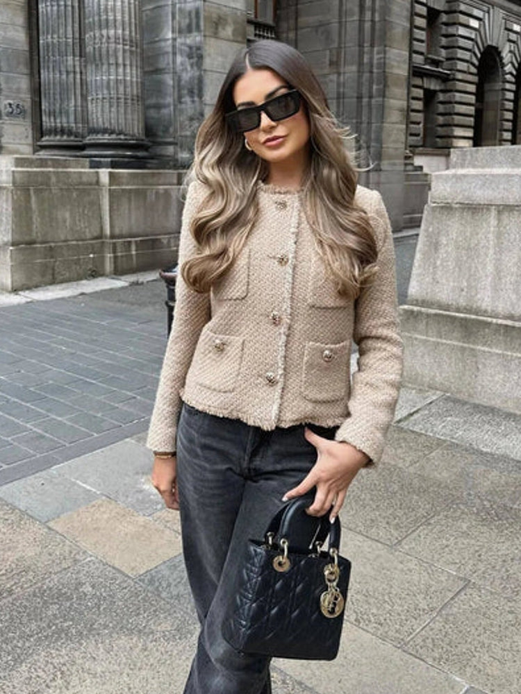 Fashion O-neck Pocket Tweed Short Coats Work Wear Blazers - Tophatter Daily Deals
