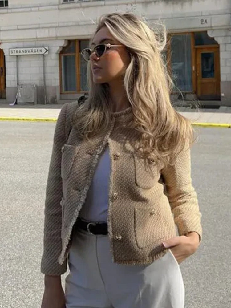 Fashion O-neck Pocket Tweed Short Coats Work Wear Blazers - Tophatter Daily Deals