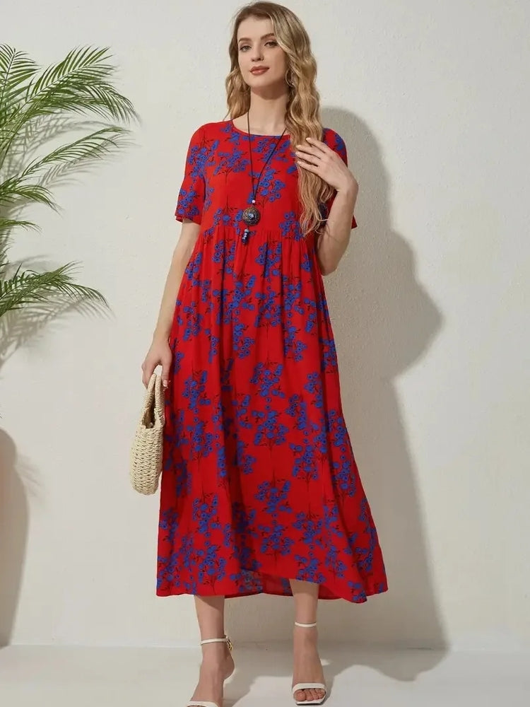 Round Neck Casual Style Floral Dresses Midi Dresses - Tophatter Daily Deals