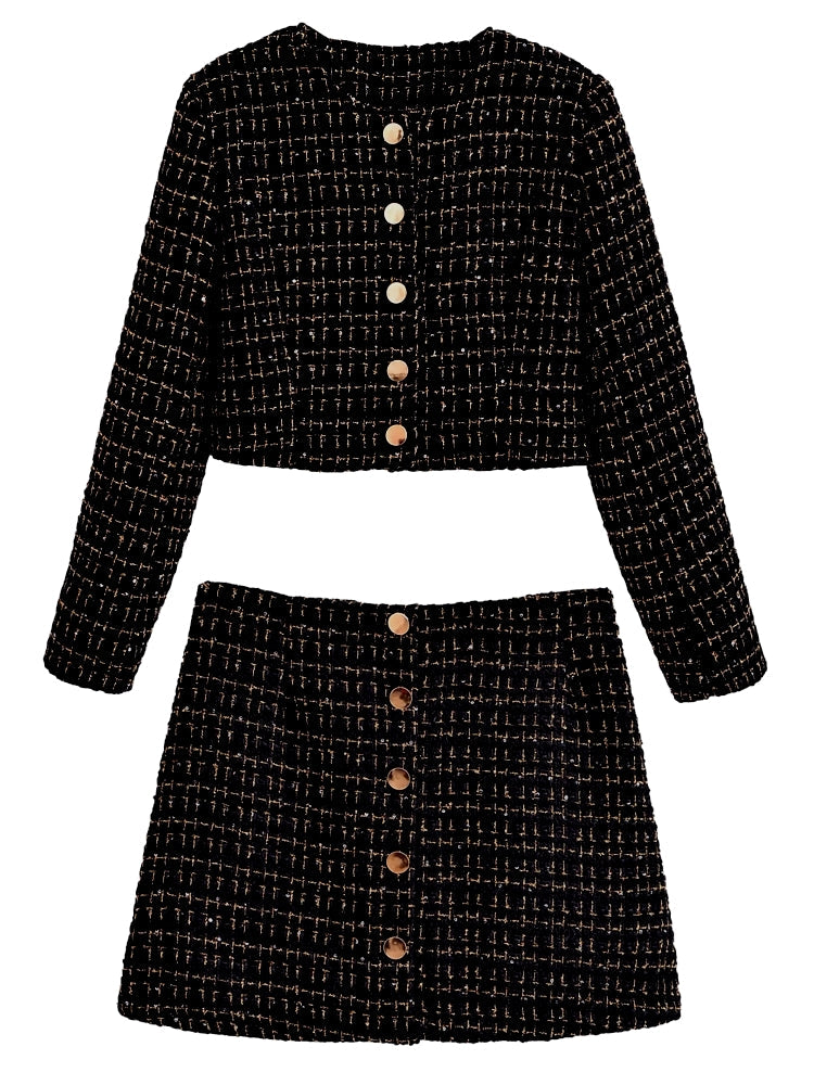 Women Black Braided Gold Thread Tweed Blazer Full Sets Work Wear Blazers - Tophatter Daily Deals