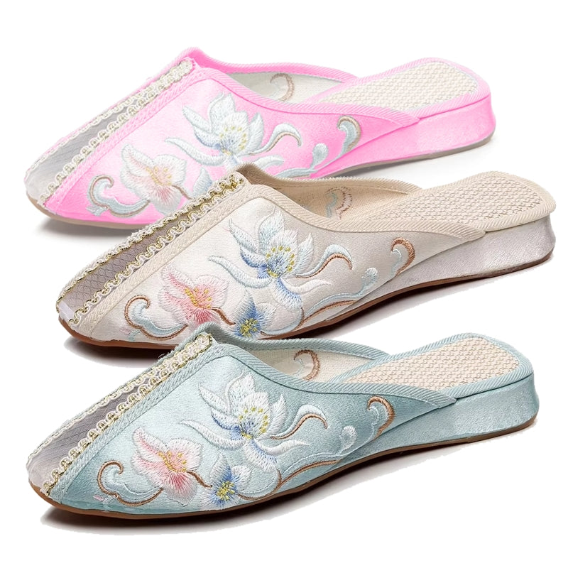 Elegant Women Satin Embroidered Flat Mules Slippers Slippers - Tophatter Daily Deals