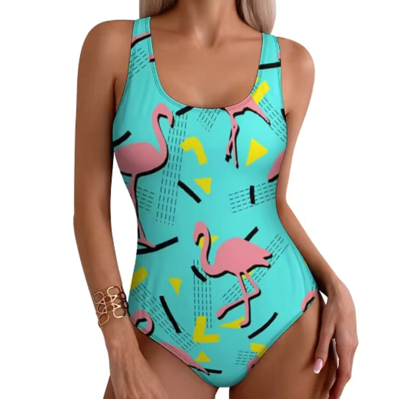 Stylish Tropical Flamingo Women Swimsuit One Piece Light Blue Swimwear - Tophatter Daily Deals