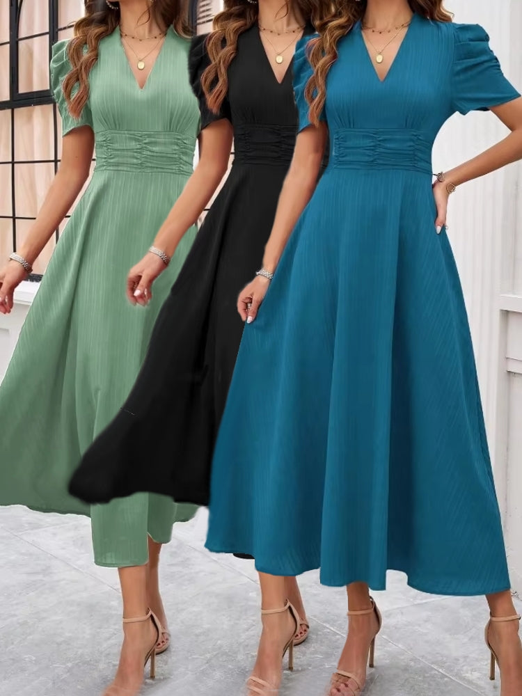 Elegance of High-Waisted Solid Color Dresses for Summer Midi Dresses - Tophatter Daily Deals