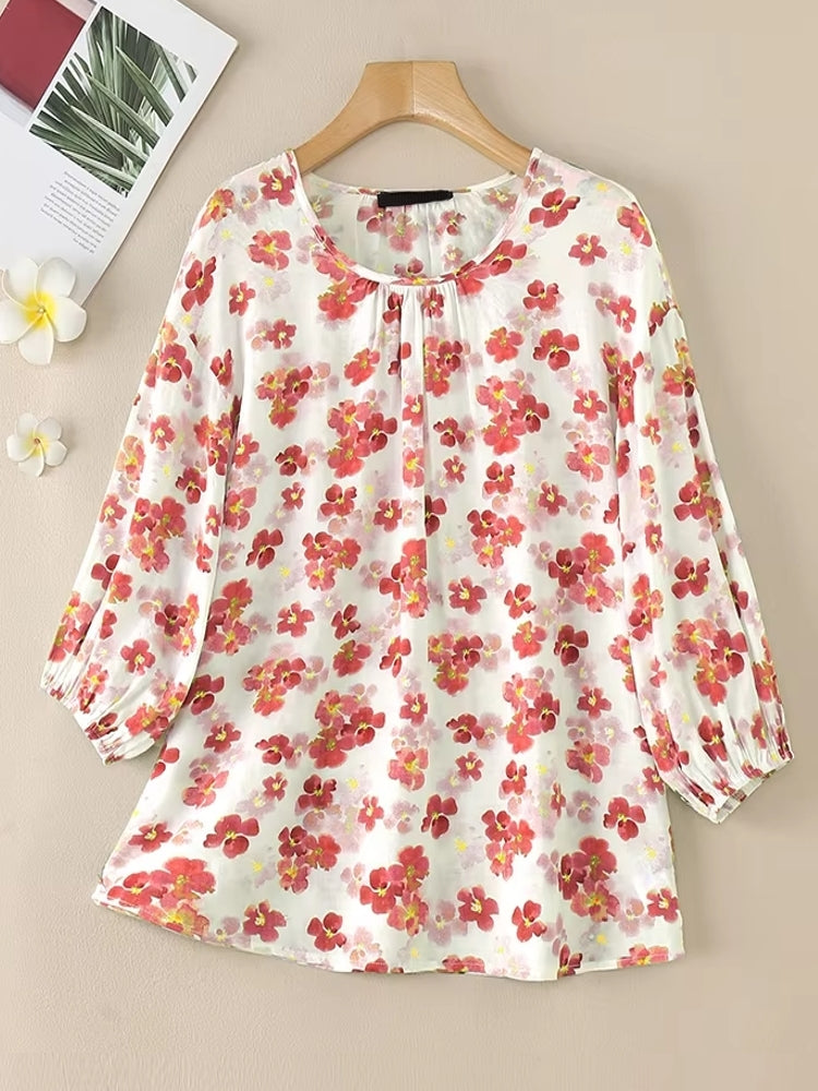 Holidays Floral Blouse Round Neck 3/4 Sleeve Top Blouses - Tophatter Daily Deals