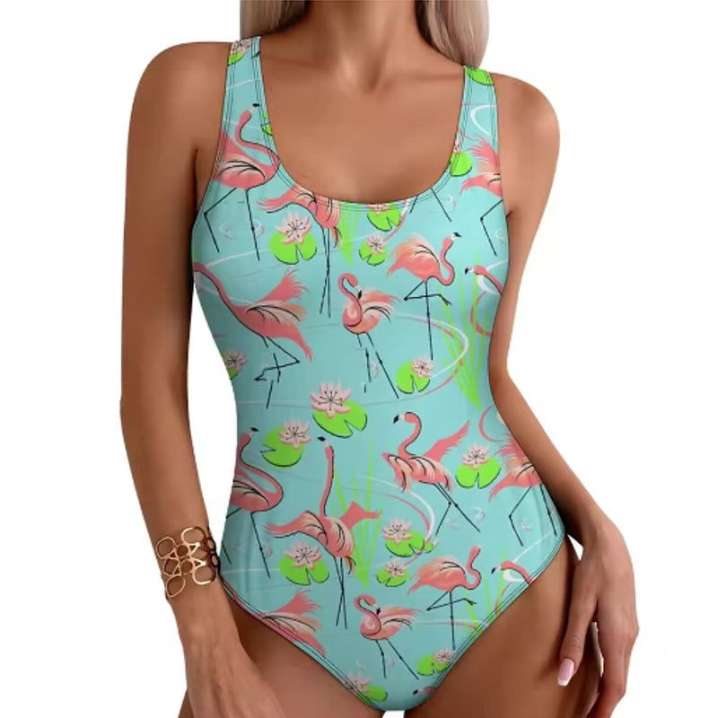 Stylish Tropical Flamingo Women Swimsuit One Piece Cyan Swimwear - Tophatter Daily Deals