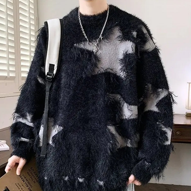 Ripped Sweater Men Loose Crew Neck Knit Bottom Shirt Men's Clothing - Tophatter Daily Deals