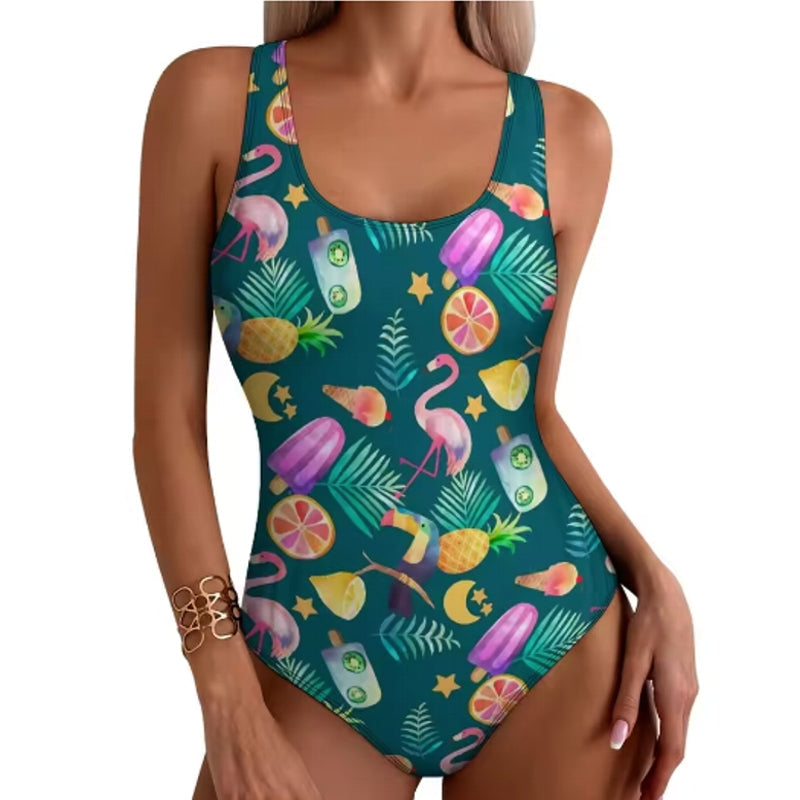 Stylish Tropical Flamingo Women Swimsuit One Piece Green Swimwear - Tophatter Daily Deals