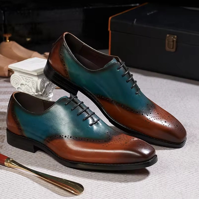 Calfskin Handmade Business Office Lace-up Mens Dress Shoes Brown Mixed with Ocean Blue Men Shoes - Tophatter Daily Deals