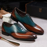 Calfskin Handmade Business Office Lace-up Mens Dress Shoes Brown Mixed with Ocean Blue Men Shoes - Tophatter Daily Deals