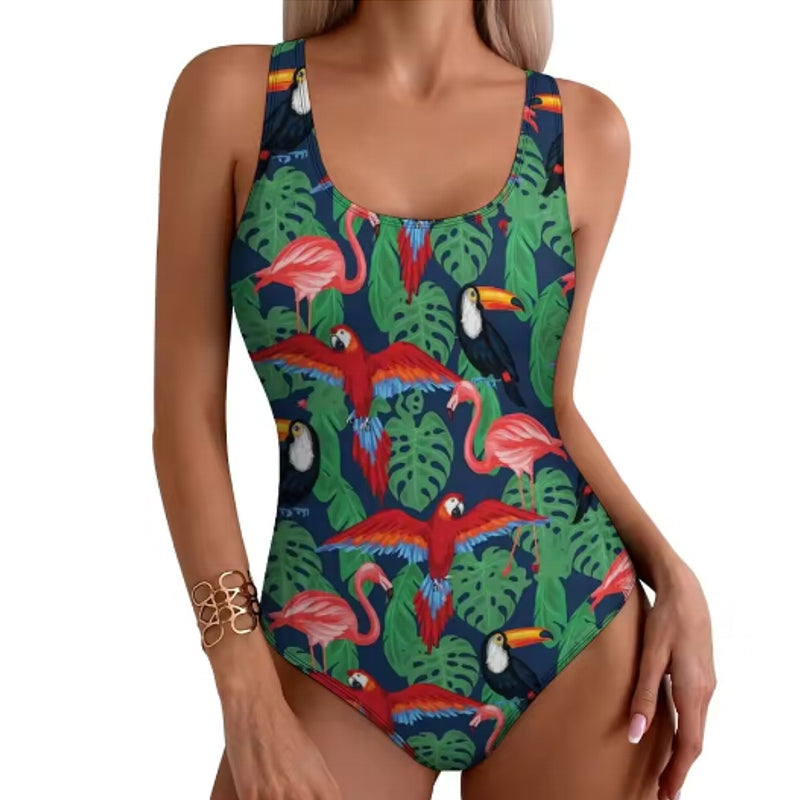 Stylish Tropical Flamingo Women Swimsuit One Piece Black Swimwear - Tophatter Daily Deals