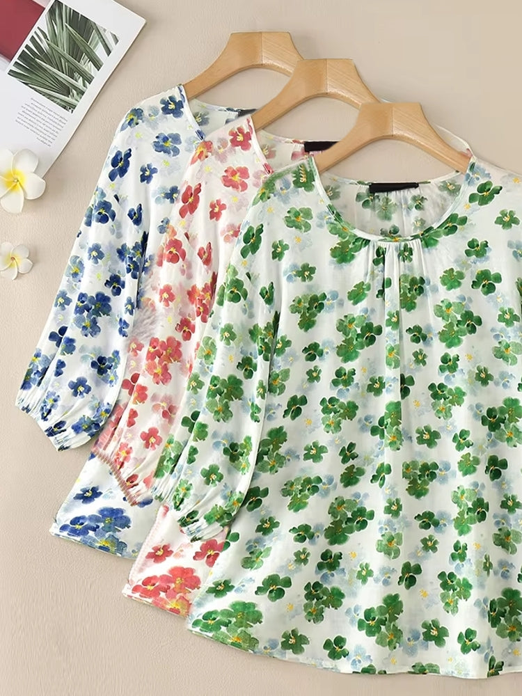 Holidays Floral Blouse Round Neck 3/4 Sleeve Top Blouses - Tophatter Daily Deals