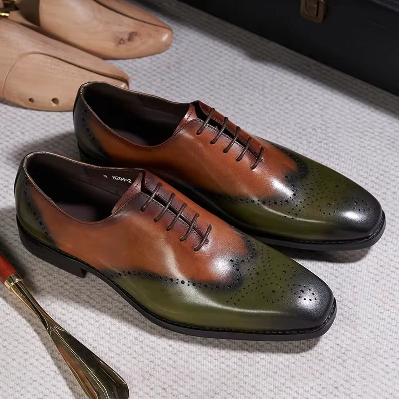 Calfskin Handmade Business Office Lace-up Mens Dress Shoes Brown Mixed with Green Men Shoes - Tophatter Daily Deals