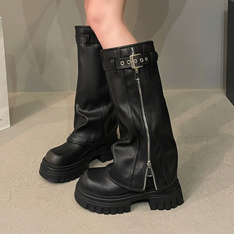 Elegant Black Platform Long Pipe Booties Brown Biker Boots Boots - Tophatter Daily Deals