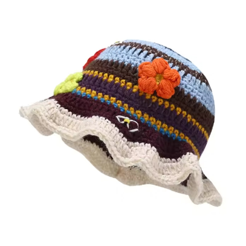 Handmade Crochet Striped Knitted Beanies Hat Flowers Cap - Tophatter Daily Deals