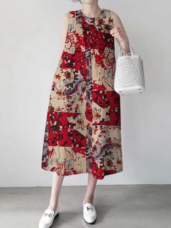 Print Sleeveless Vintage Casual Women Midi Dress Midi Dresses - Tophatter Daily Deals