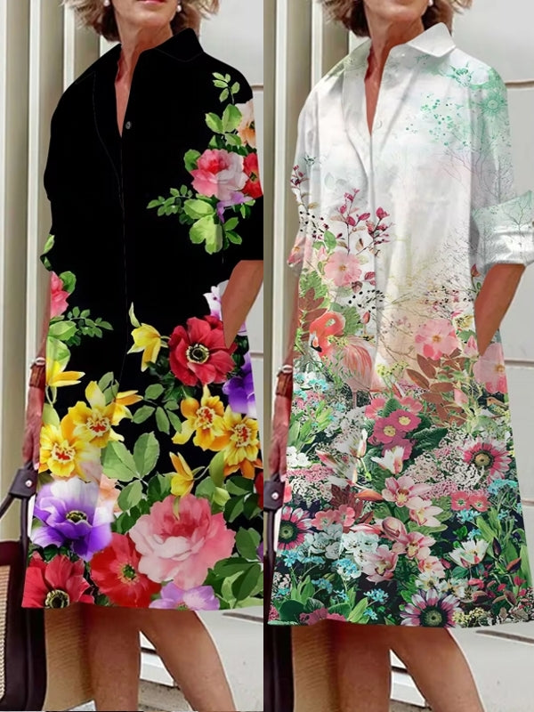 Elegant Women's Floral Pattern Shirt Dress Midi Dresses - Tophatter Daily Deals