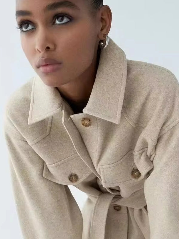 Turn Down Collar Jackets Fashion Tie Belt Waist Coats Women Elegant Pockets Jacket - Tophatter Daily Deals