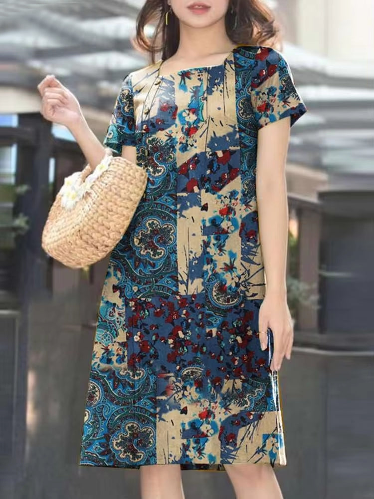 Women Square Neck Short Sleeve Dress Blue Mini Dresses - Tophatter Daily Deals