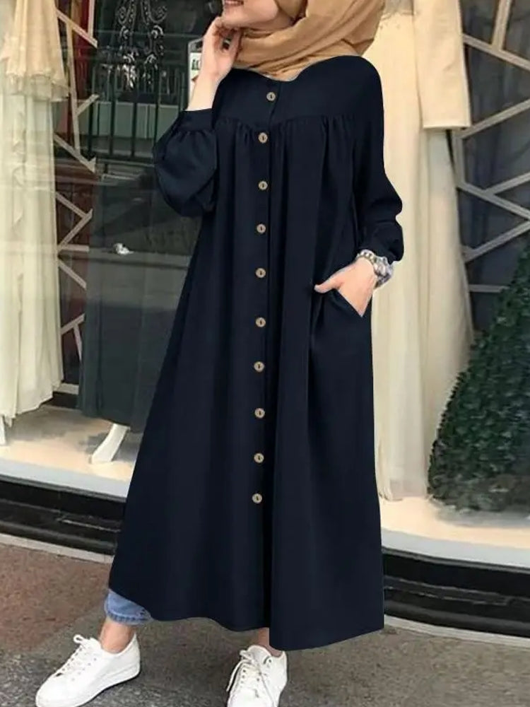 Button Down Front Kaftan Tunic Maxi Dress with Side Pockets Navy Maxi Dresses - Tophatter Daily Deals