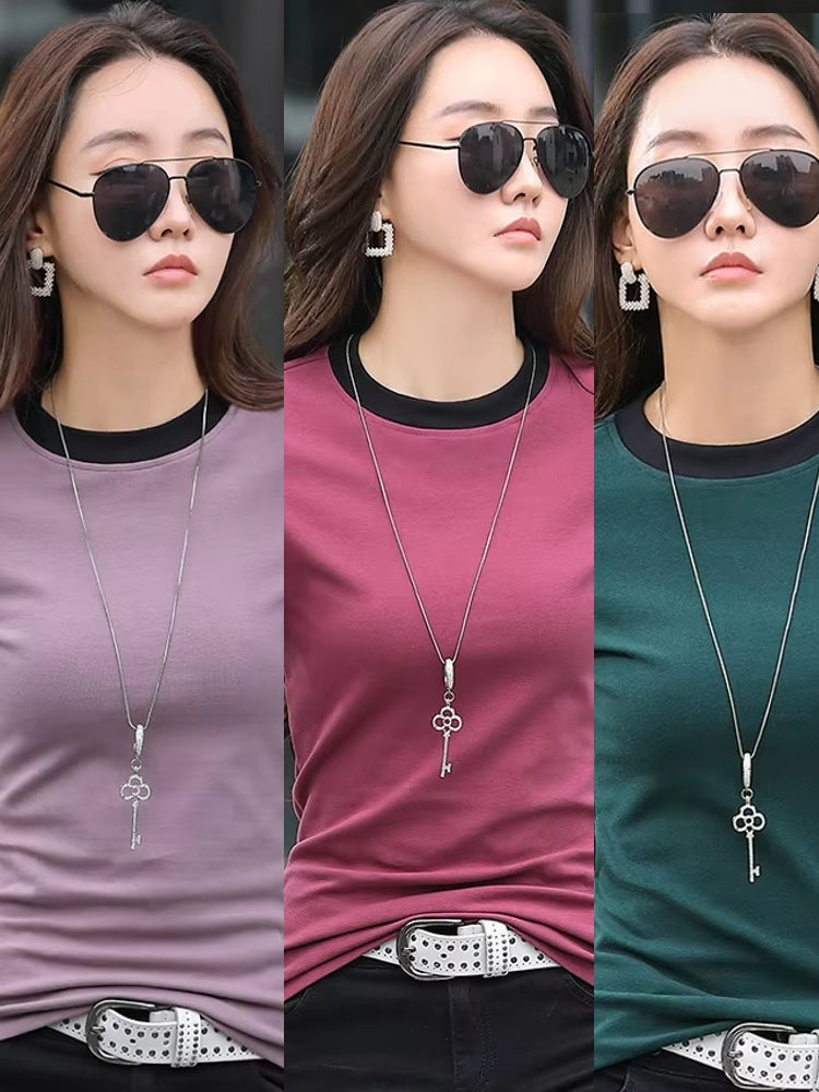 Women O-neck Stretch Cotton Skinny Basic T Shirt Blouses - Tophatter Daily Deals