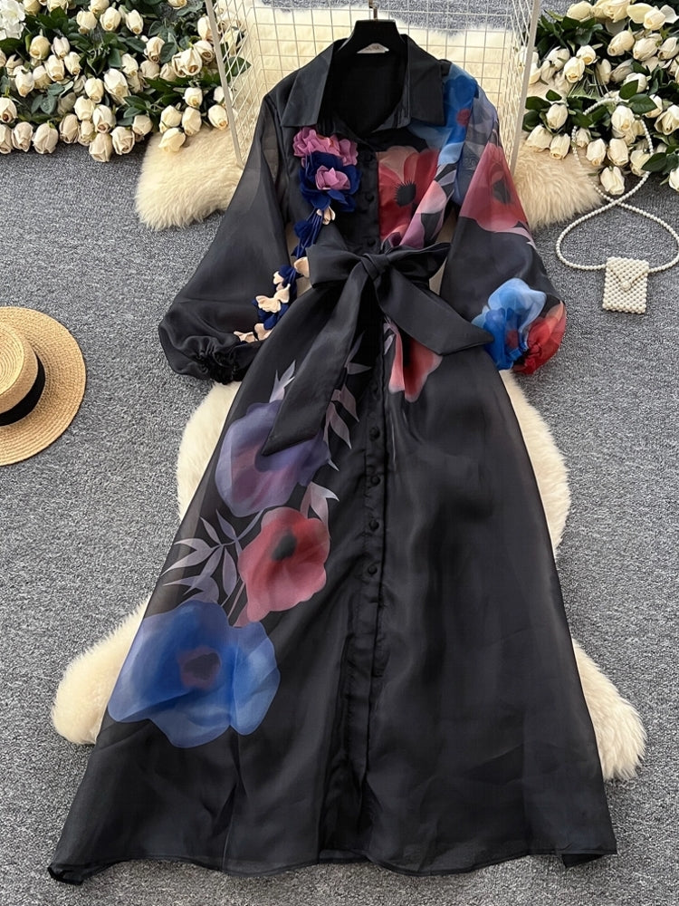 Floral Print Belt Chiffon Shirt Maxi Dress Maxi Dresses - Tophatter Daily Deals