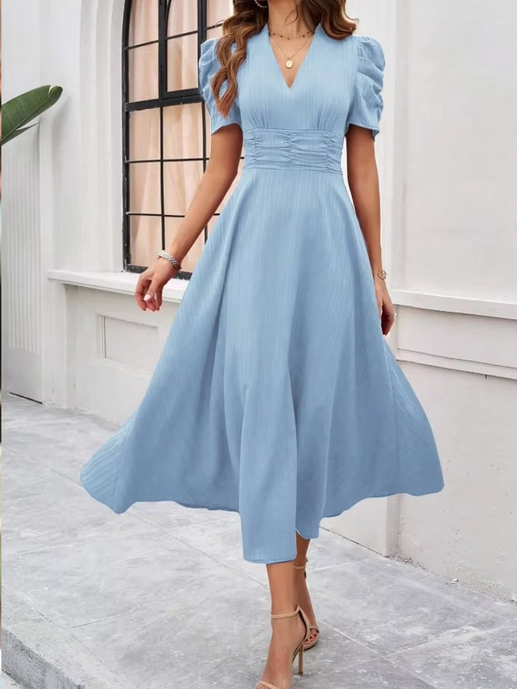 Elegance of High-Waisted Solid Color Dresses for Summer Sky Blue Midi Dresses - Tophatter Daily Deals