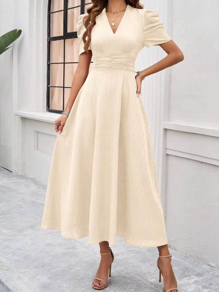Elegance of High-Waisted Solid Color Dresses for Summer Beige Midi Dresses - Tophatter Daily Deals