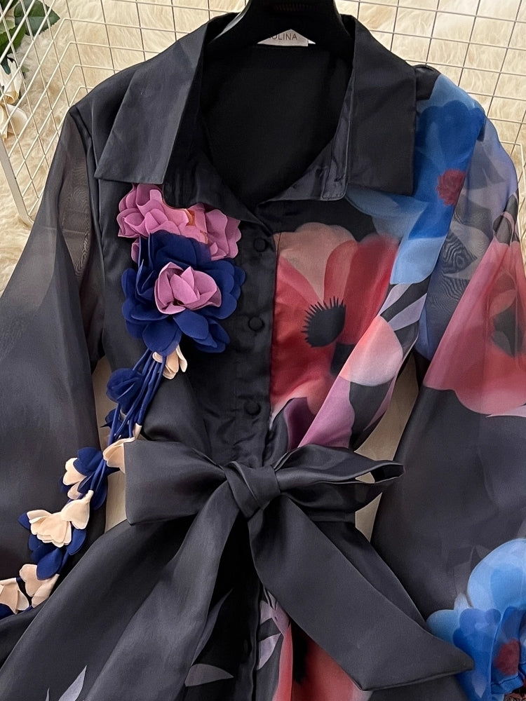 Floral Print Belt Chiffon Shirt Maxi Dress Black Maxi Dresses - Tophatter Daily Deals